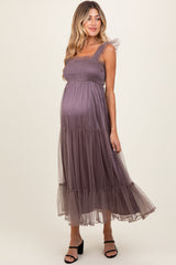 Mauve  Mesh Overlay Smocked Maternity Midi Dress