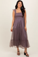 Mauve  Mesh Overlay Smocked Midi Dress