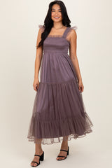 Mauve  Mesh Overlay Smocked Midi Dress