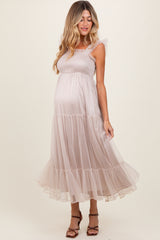 Beige Mesh Overlay Smocked Maternity Midi Dress