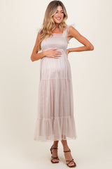 Beige Mesh Overlay Smocked Maternity Midi Dress