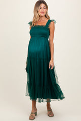 Green Mesh Overlay Smocked Maternity Midi Dress