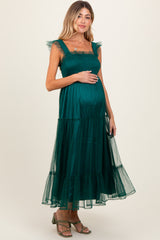 Green Mesh Overlay Smocked Maternity Midi Dress