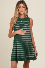 Forest Green Striped Knit Pleated Maternity A-Line Mini Dress