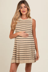 Beige Striped Knit Pleated Maternity A-Line Mini Dress