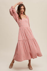 Deep Rose Ditzy Floral Embroidery Puff Sleeve Maxi Dress