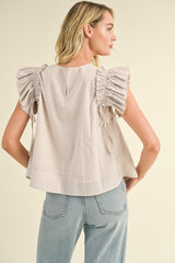 Taupe Drawstring Flutter Sleeve Babydoll Top