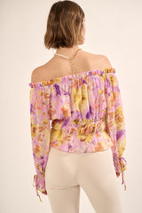 Lavender Floral Off-Shoulder Neck Chiffon Blouse