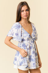 Denim Floral Print V-Wire Flutter Short Sleeve Babydoll Blouse