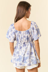 Denim Floral Print V-Wire Flutter Short Sleeve Babydoll Blouse