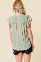 Sage Smocked Yoke Ruffle Woven Blouse With Lace Trim