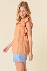 Tangerine Smocked Yoke Ruffle Woven Blouse With Lace Trim