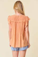 Tangerine Smocked Yoke Ruffle Woven Blouse With Lace Trim