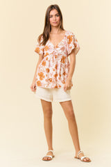 Apricot Floral Print V-Wire Flutter Short Sleeve Babydoll Blouse