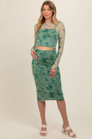 Light Green Abstract Floral Mesh Crop Top And Midi Skirt Maternity Set