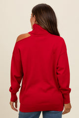 Red Cold Shoulder Turtle Neck Maternity Sweater