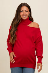 Red Cold Shoulder Turtle Neck Maternity Sweater