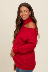 Red Cold Shoulder Turtle Neck Maternity Sweater