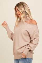 Beige Cold Shoulder Turtle Neck Sweater