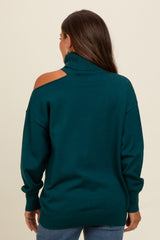 Dark Teal Cold Shoulder Turtle Neck Maternity Sweater