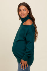 Dark Teal Cold Shoulder Turtle Neck Maternity Sweater