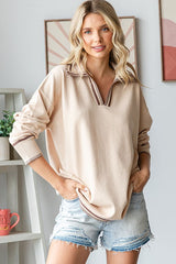 Beige Contrast Trim Collared Sweater