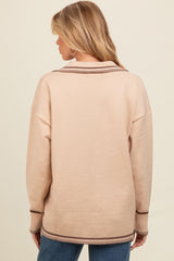 Beige Contrast Trim Collared Maternity Sweater