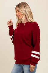 Burgundy Striped Sleeve Relaxed Fit Sweater