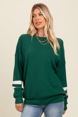 Forest Green Striped Sleeve Relaxed Fit Sweater