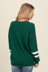 Forest Green Striped Sleeve Relaxed Fit Sweater