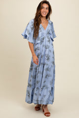 Light Blue Floral Deep V-Neck Maxi Dress