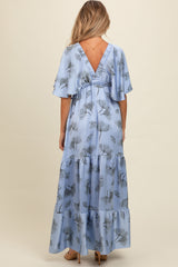 Light Blue Floral Deep V-Neck Maternity Maxi Dress