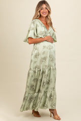 Light Olive Floral Deep V-Neck Maternity Maxi Dress