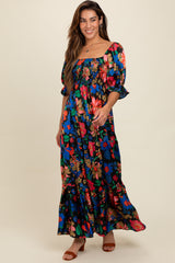 Black Floral Satin Smocked Tiered Maternity Maxi Dress