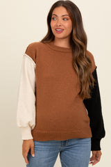 Brown Colorblock Sleeve Maternity Sweater