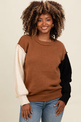 Brown Colorblock Sleeve Maternity Sweater