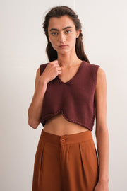 Brown V-Neck Sleeveless Cropped Knit Top