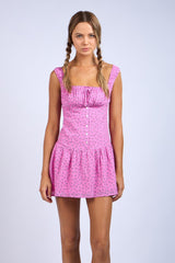 Pink Floral Pattern Ruched Bust Wide Strap Mini Dress