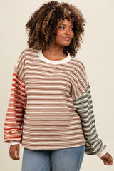 Brown Striped Colorblock Bubble Sleeve Top