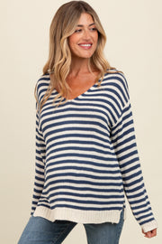 Navy Striped Relaxed Fit V-Neck Maternity Sweater