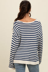 Navy Striped Relaxed Fit V-Neck Sweater