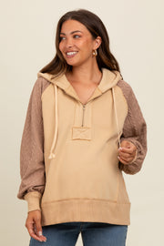 Beige Cable Knit Sleeve Maternity Half Zip Maternity Hoodie