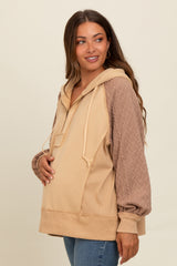 Beige Cable Knit Sleeve Maternity Half Zip Maternity Hoodie