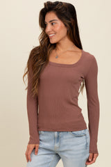 Brown Ribbed Square Neck Long Sleeve Top