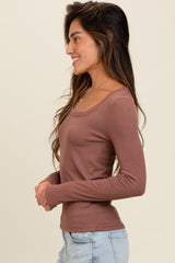 Brown Ribbed Square Neck Long Sleeve Top