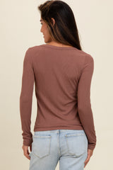 Brown Ribbed Square Neck Long Sleeve Top