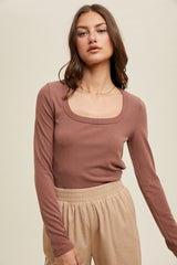 Brown Ribbed Square Neck Long Sleeve Top