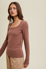 Brown Ribbed Square Neck Long Sleeve Top