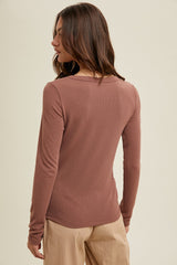 Brown Ribbed Square Neck Long Sleeve Top