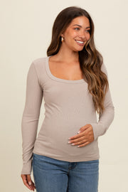 Beige Ribbed Square Neck Long Sleeve Maternity Top